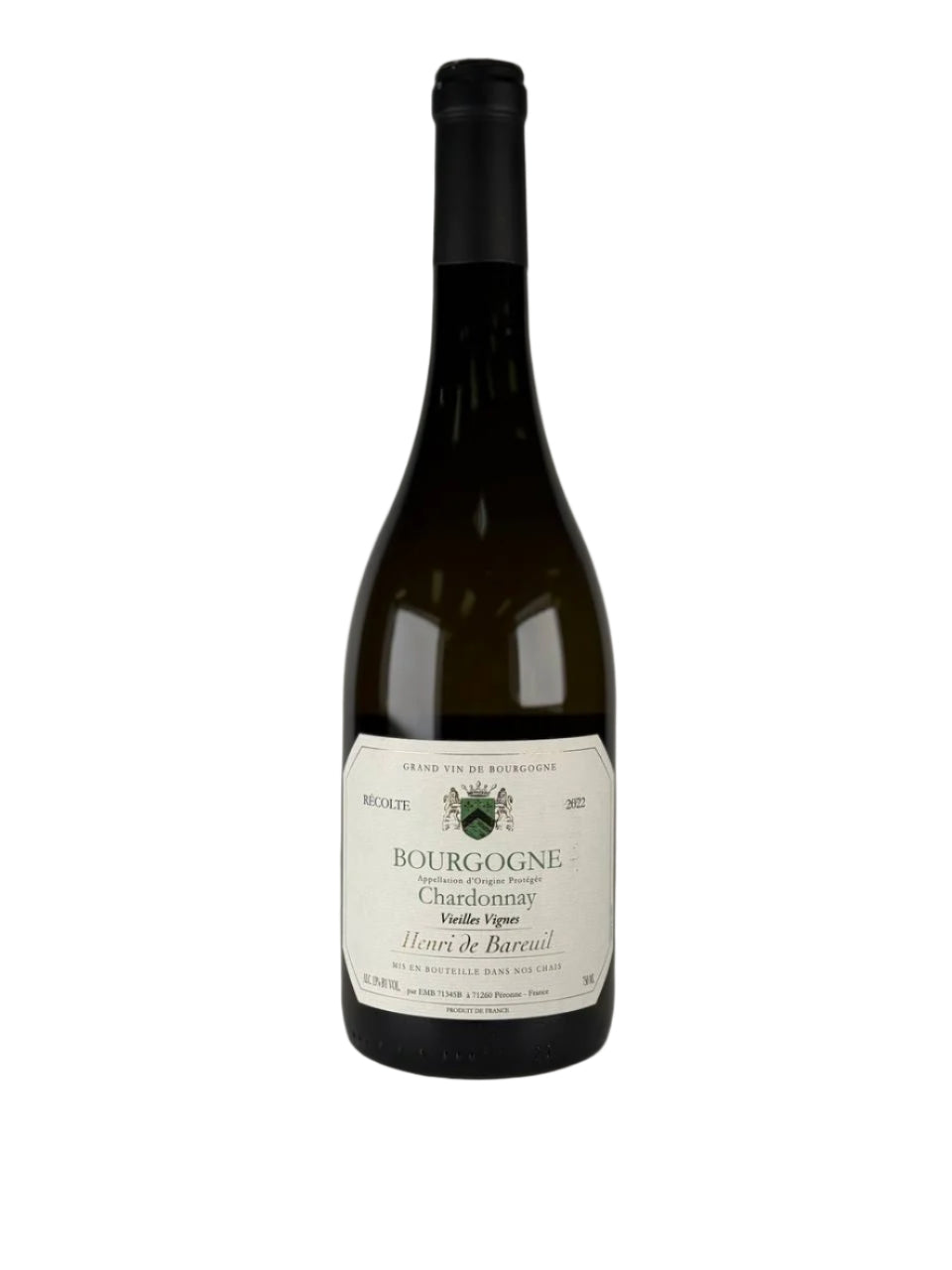Wine bottle with a label on a white background Henri de Bareuil Bourgogne Chardonnay 750ml bottle France