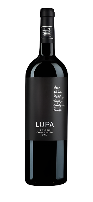 Wine bottle labeled 'Lupa Malbec Paraje Altamira 2018 on a black background red wine bottle 750ml Argentina